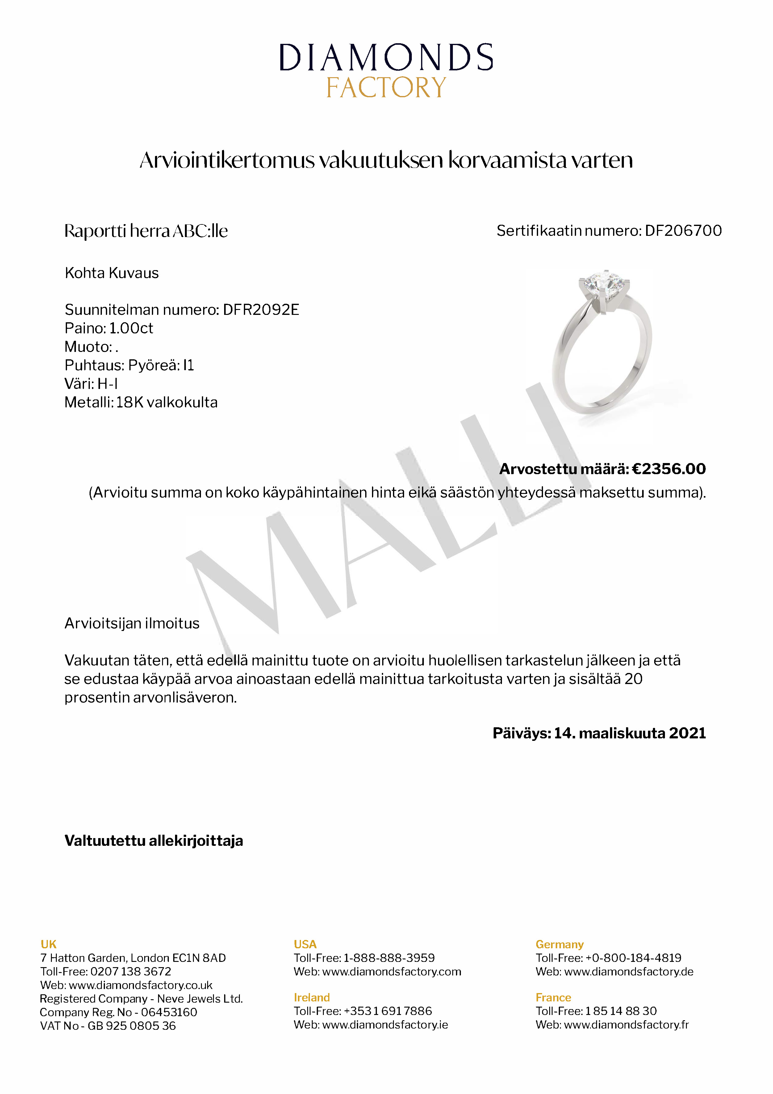 Valuation Certificate